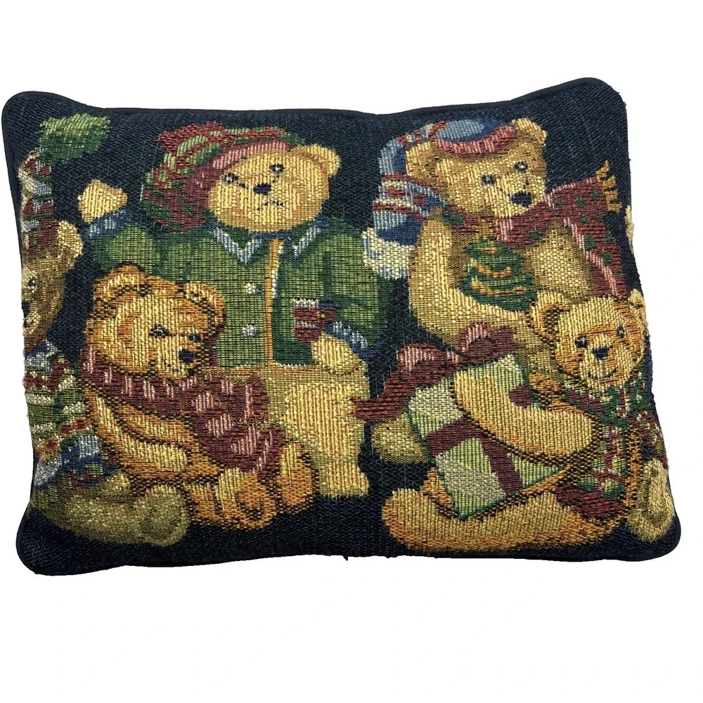 Vtg Holiday Tapestry Throw Pillow Teddy Bear Christmas Winter 16x12 In Sweaters